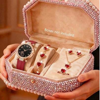 Set de 4 piezas, Reloj elegante de señora, Escala digital lujosa y exquisita con flores, Reloj de cuarzo con esfera de diamantes, Conjunto de joyería lujosa con diamante de imitación rojos, Adecuado para uso diario, fiestas, decoración, Día de la Madre, San Valentín, vuelta al cole, cumpleaños y diversos regalos festivos para amigas y madres