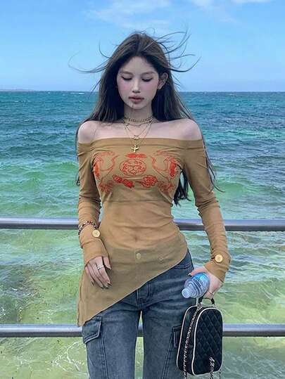 不对称露肩印花网纱透视上衣