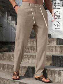 VENTUSAIL Men Solid Drawstring Waist Pants Tapered Long Slacks Linen Cool Plain Going Out, Fall Beige Pants For Men Men Drawstring Pants Men Linen Pants Cream Pants Men,Weekend Trips, Outdoor Activities, Travel Expeditions, Relaxed Work Environments Or Semi-Formal Occasions, Boyfriend/Husband Gift, Anniversary /Birthday Gift Party Summer Vacation Holiday New Years Wedding Valentine's Day, Cream Joggers Men,Khaki Pants, Beach Cruise Vacation, Bohemian Hawaiian Vacation - 卡其色 - 查看 5