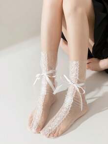 1 Pair White/Black Thin Glass Silk Mesh Socks With Lace Bow Tie, Suitable For Spring/Summer - Multicolor - View 7