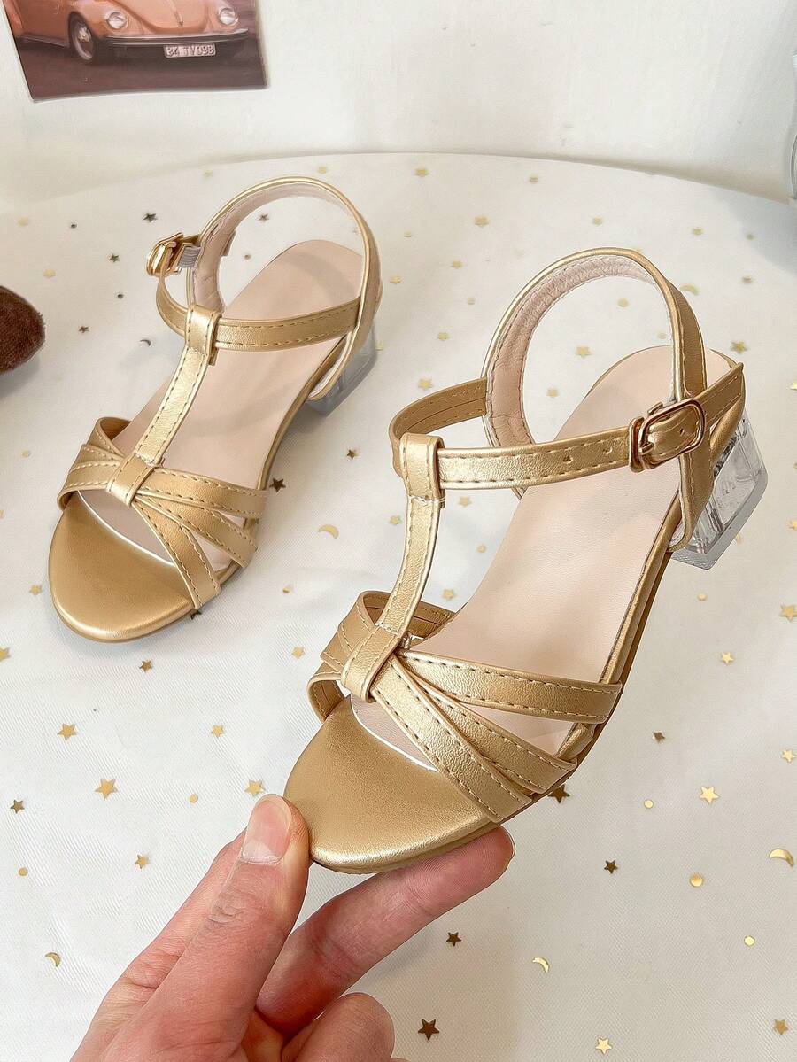 女童闪亮公主水晶亮片高跟鞋 | 金色搭扣透明果冻方跟凉鞋 - 金色 - 查看 1