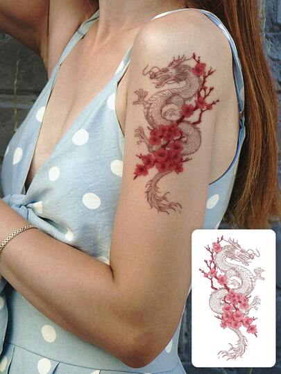 1张持久7-14天的草本临时纹身贴纸，简约抽象神秘花卉龙手臂纹身设计，防水临时纹身贴纸，适合时尚人士