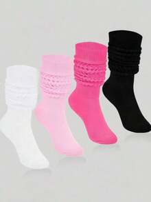 4 Pairs Women Loose Socks, Soft Knit Ankle Socks, Solid Color Compression Socks, Bubble Socks, Mid-Calf Socks, Warm & Breathable Socks For Autumn/Winter, Halloween & Christmas Gift - Multicolor - View 3
