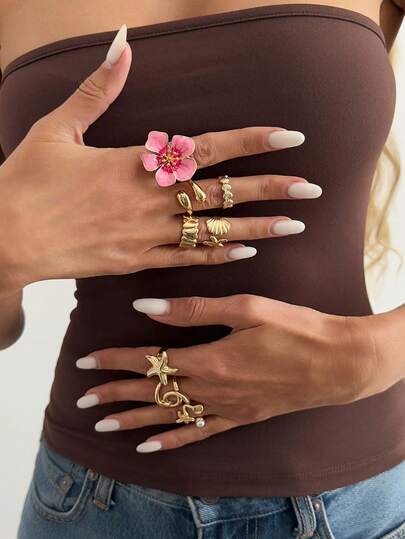 8件套波西米亚海洋风海星贝壳吊坠戒指套装，女士珠宝配饰