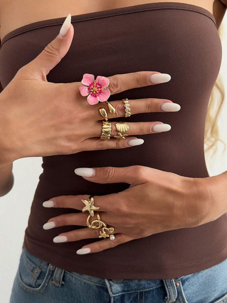 8件套波西米亚海洋风海星贝壳吊坠戒指套装，女士珠宝配饰