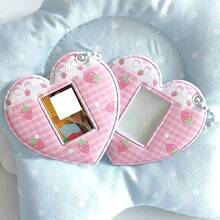 Móc khóa đựng thẻ ảnh hình trái tim dâu tây dễ thương 1 inch, họa tiết kẻ caro hồng Kawaii, dùng để đựng thẻ ID mini và mặt dây chuyền. - Màu sắc - Xem 3