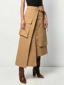 Women's Solid Color Asymmetric/Asymmetrical Casual Skirt, Suitable For All Seasons, Black Cargo Skirt Spring - Khaki - View 2
