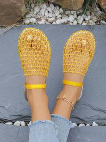 Fashionable Wide Mesh Woven Hollow Roman Sandals, Flat Round Toe Fisherman Slip-On Mules For Summer - Yellow - View 2