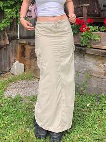 GILIPUR Chân váy dài suông xẻ tà cạp thấp kiểu Y2K dành cho nữ, thời trang thường ngày, phong cách bohemian phóng khoáng. - Màu be - Xem 3