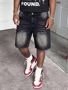 Men's Washed Loose Straight Leg Summer Denim Shorts, Casual Versatile Knee-Length Pants, Street Fashion Mid-Length Shorts, Suitable For Daily Wear - Black - View 2