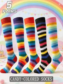 1/3/5 pares/paquete de calcetines de pantorrilla para mujer de colores arcoíris, transpirables y que absorben la humedad, adecuados para usar en primavera y otoño, perfectos para fiestas y reuniones sencillas, e ideales para combinar con atuendos festivos. - Multicolor - Ver 10