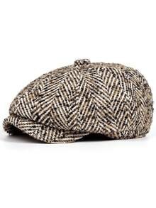 Herringbone Tweed Newsboy Cap | Vintage Flat Cap For Men | Retro British Style Hat,Summer,Beach,Holiday - A - View 9