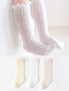 3双儿童袜，带荷叶边和网眼设计，多功能简约中筒防蚊袜 - 彩色 - 查看 1