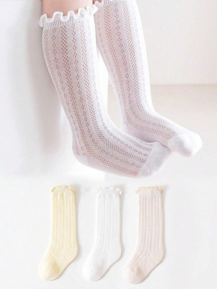 3双儿童袜，带荷叶边和网眼设计，多功能简约中筒防蚊袜 - 彩色 - 查看 1