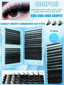 640/608 Pcs D-Curl Natural False Eyelashes, 10D+20D+30D/30D+40D+5D Mixed Pack, Dense Black, Suitable For Beginners, Large Capacity Lash Book, Artificial Manga Classic False Eyelashes, Long-Lasting And Durable, Suitable For Daily, Party, Wedding, Christmas, Music Festival And Other Occasions Eye Makeup, Single Lash, False Eyelashes - D - View 7