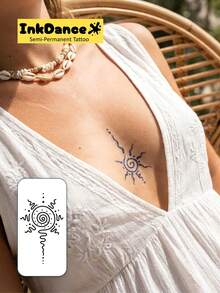 1套“神秘太阳螺旋”临时纹身贴纸，半永久纹身，持久耐用，太阳螺旋图案，逼真纹身效果，防水，植物基 X204 - 黑色 - 查看 2