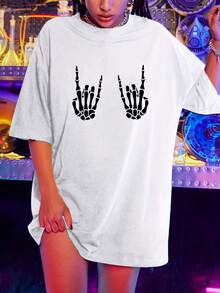 Skull Print Round Neck T-Shirt, Casual Short Sleeve Summer T-Shirt, Women's Summer Clothing. - White - View 1