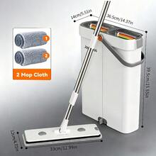 Mop And Bucket Set Measuring 12.99 By 15.75 Inches, Featuring A Wet And Dry Flat Mop, And Includes 2, 4, Or 7 Ultra-Fine Fiber Replacement Pads That Are Machine Washable; Ideal For Cleaning Floors, Walls, And Various Rooms Like The Living Room - 12.99美元,包含拖把,水桶和2個拖布 - 查看 1