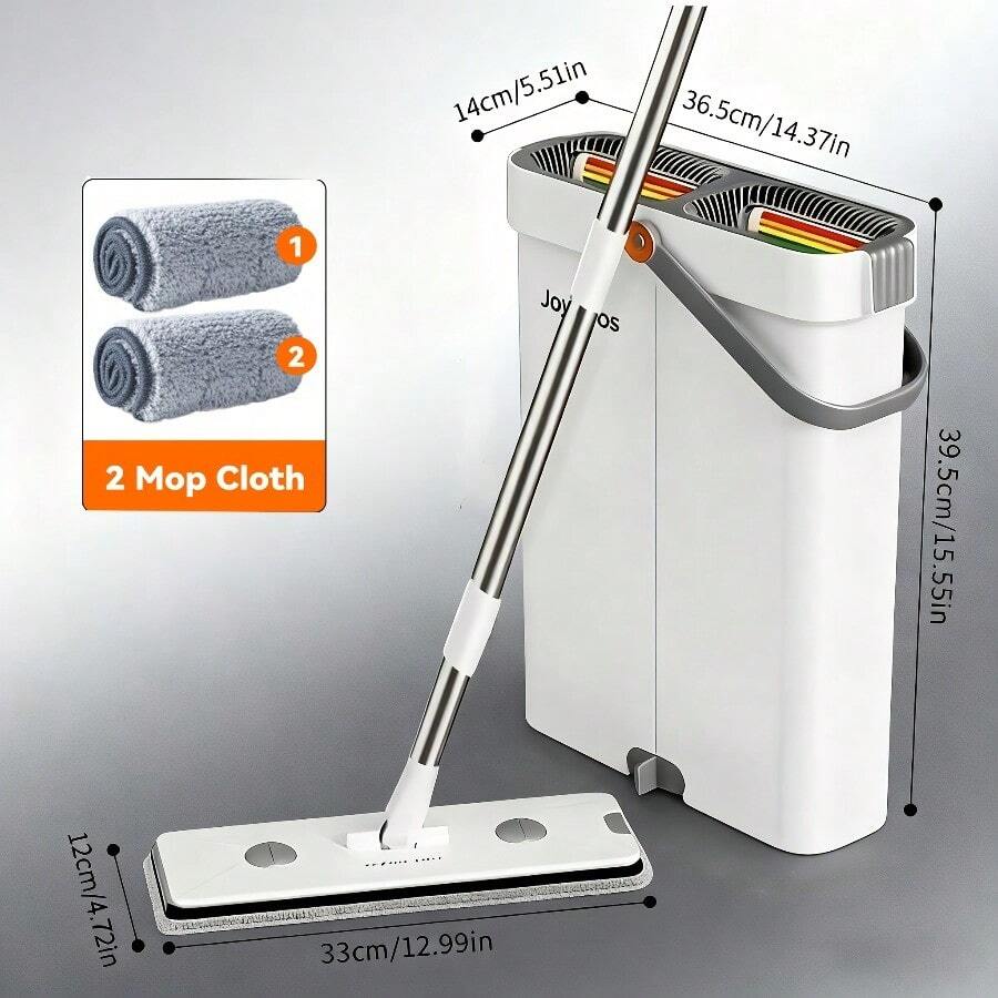 Mop And Bucket Set Measuring 12.99 By 15.75 Inches, Featuring A Wet And Dry Flat Mop, And Includes 2, 4, Or 7 Ultra-Fine Fiber Replacement Pads That Are Machine Washable; Ideal For Cleaning Floors, Walls, And Various Rooms Like The Living Room - 12.99美元,包含拖把,水桶和2個拖布 - 查看 1