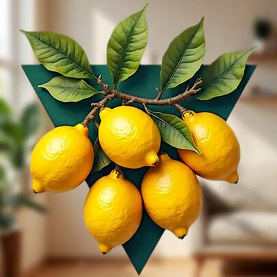 Um Toque de Sol Cítrico: Ímã de Ramo de Limão Fresco com Moldura Geométrica e Detalhes Orgânicos, Limões Amarelos e Folhas Verdes – Um Toque de Limão para a Sua Geladeira