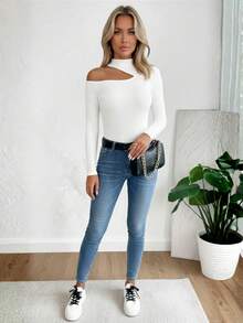 Women's Long-Sleeved T-Shirt Blouse In Suplex Fabric With A High Neck And Asymmetrical Cut, Ideal For Dates And Casual Wear - 白色 - 查看 7