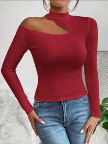 Women's T-Shirt Blouse Suplex Fabric Long Sleeve High Neck Asymmetrical Cut Ideal For Meetings And Casual Use - 紅色 - 查看 7