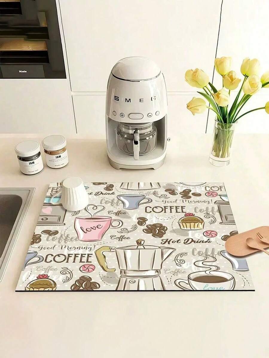 1/2 Pieces Rubber Draining Mat, Coffee-Themed Draining Mat, Minimalist Kitchen Mat, Non-Slip Heat-Resistant Placemat, Holiday Tableware Draining Mat, Durable Diatomaceous Earth Table Mat - Khaki Pink - View 1