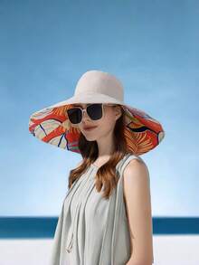 Sombrero de cubo reversible con ala ancha, sombrero de sol estampado para mujer para primavera/verano, versátil y con protección UV a la moda, para playa, vacaciones, días festivos, viajes - Sombrero reversible de ala grande para el sol. - Ver 5