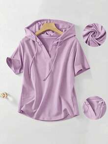 Women's Casual Hooded Short Sleeve T-Shirt, V Neck Drawstring Loose Blouse With Pockets - Lilac Purple - View 3