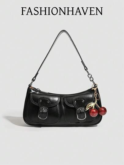 1 pieza Bolso de hombro tipo baguette con doble hebilla y bolsillo doble, estilo retro Y2K para mujer, de piel sintética encerada brillante, con herrajes metálicos y un dije desmontable de cereza roja, bolso casual vintage para uso diario, fiesta, cita, compras y viajes, cabe smartphone, lápiz labial, llaves, espejo compacto y billetera, regalo ideal para Navidad, Día de la Madre y cumpleaños