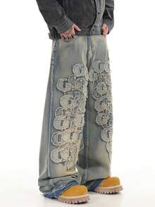 1件 Justice Brother 复古字母刺绣男士休闲宽松阔腿牛仔裤，港式风格（不含腰带/配饰） - 藍色 - 查看 8