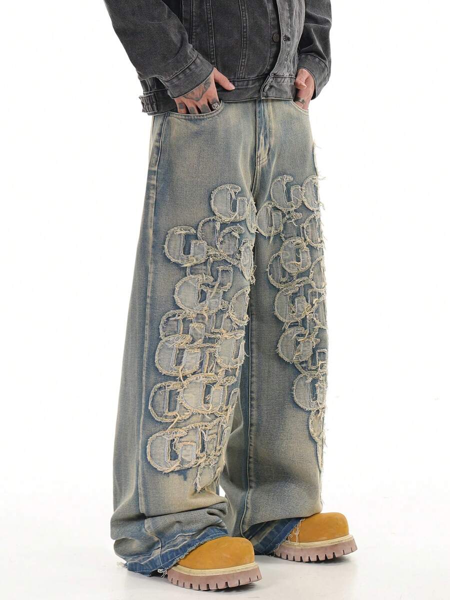 1pc Justice Brother Retro Letter Embroidery Men's Casual Loose Wide Leg Jeans, Hong Kong Style (Excluding Belt/Accessories) - Blue - View 1