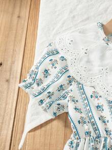 Girls Casual Floral Print Dress With Ruffle Collar, Princess Sleeves And Keyhole Back Design, Knee-Length, Summer - White - View 6