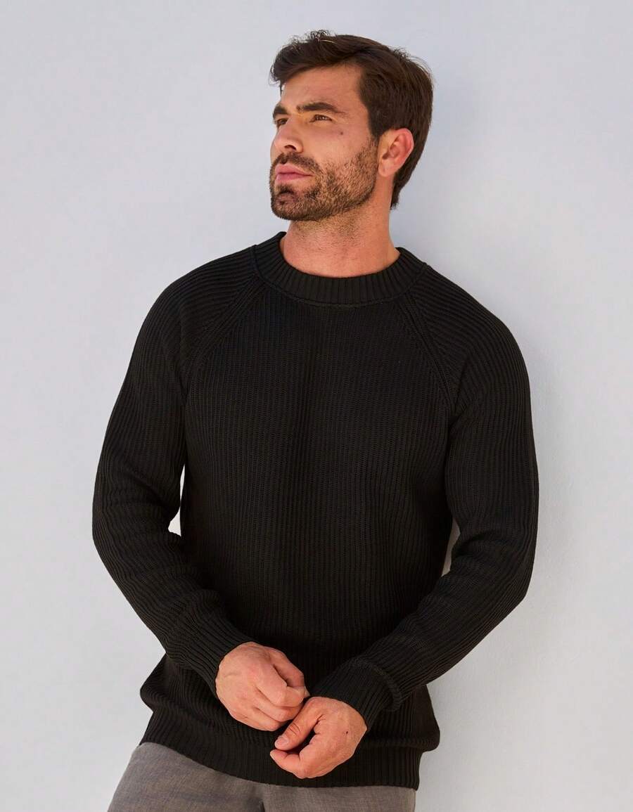 Baronesa Tricot Men's Ribbed Knit Sweater Premium Casual Boat Neck Sweater - Negro - Ver 1