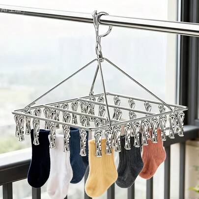 40-Clip Stainless Steel Rotating Drying Rack, Foldable Clothes/Socks/Underwear Hanger With Clips, Ideal For Balcony, Dorm, Hotel