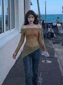 不对称露肩印花网纱透视上衣 - 卡其色 - 查看 3