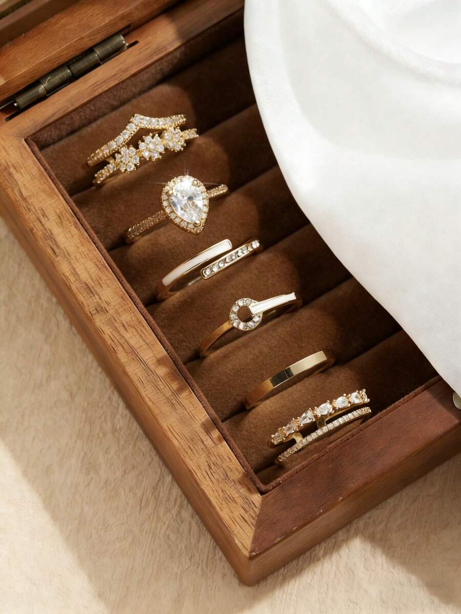 6件套金色黄铜材质法式高端奢华小众设计立方氧化锆皇冠和平结交织水钻戒指套装，适合女性日常、婚礼、节日佩戴 - 戒指套裝F - 查看 1