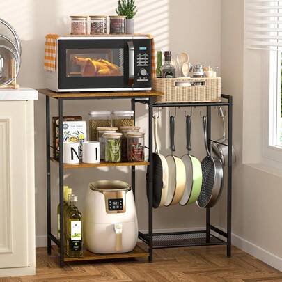 Estante de cocina con soporte para ollas, estante de utilidad para horno microondas con almacenamiento, mesa de barra de café de 5 niveles, estantería de panadería de cocina pequeña con 6 ganchos en S, estantería de almacenamiento de cocina para especias, ollas, marrón rústico