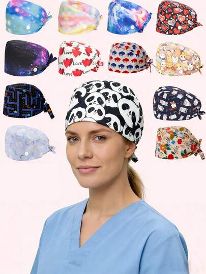 Fluffy Surgical Cap, Work Cap, Nurse Cap With Button And Sweatband, Adjustable Drawstring, Unisex, Valentine's Day Gift