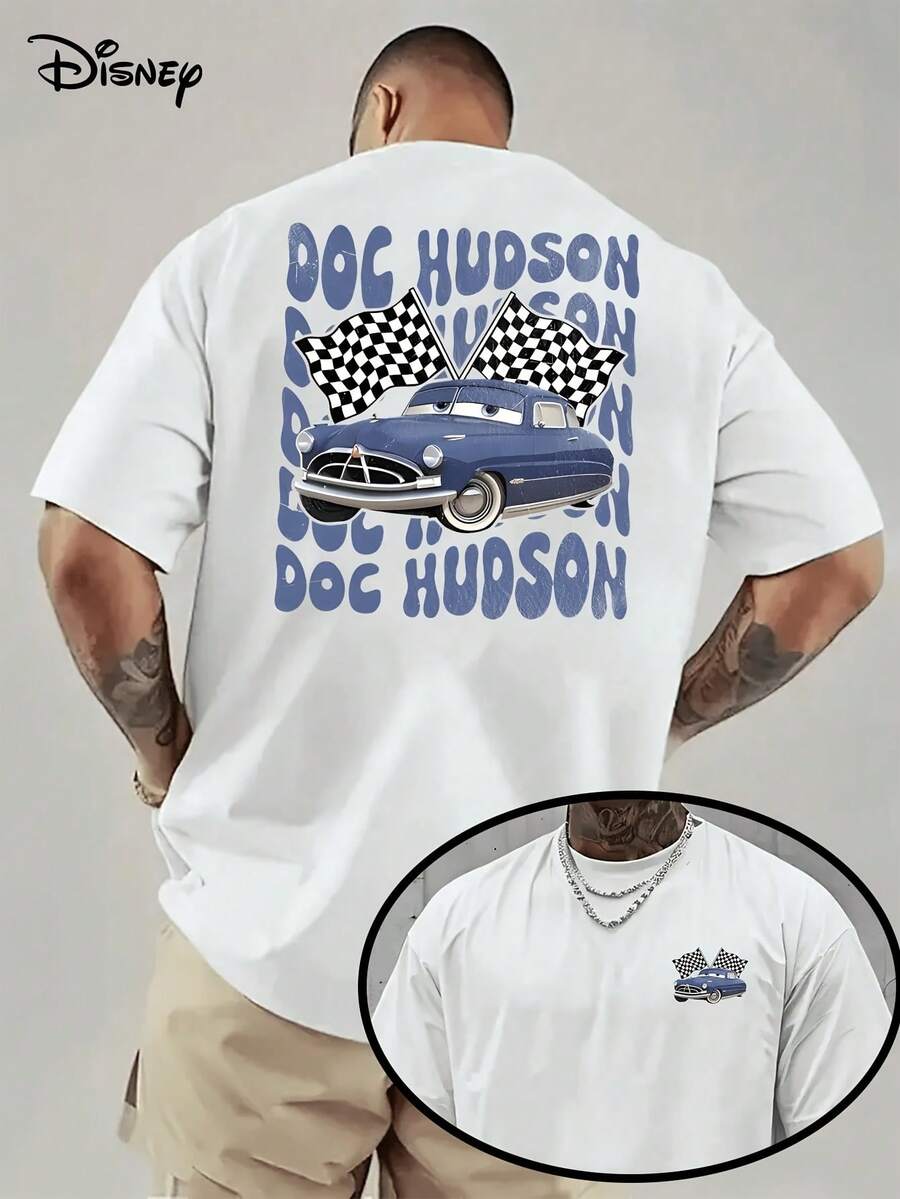 Disney License T Shirts, Men's Oversized Casual Crew Neck Disney Pixar1 Cars DDoc Hudson Double Sided Checkered Flag Stacked Letter Cartoon Print Short Sleeve T-Shirt, Retro Racing Graphic Tee For Summer Streetwear,Men Clothes,Summer Clothes,White Shirt,Father's Day Clothing,Vintage T Shirts,Graphic T Shirts,100 Percent Cotton,Graphic Tee,Graphic Tees,Funny Graphic Tees,Graphic T, Gifts For Family And Friends - 白色 - 查看 1
