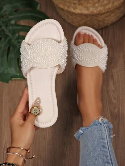 Sandalias planas con adornos de perlas para mujer, adecuadas para la playa, el hogar, las vacaciones, las bodas, el uso al aire libre, nuevas llegadas de primavera/verano