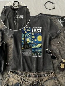 梵高星空艺术设计字母印花复古水洗加大码女式T恤，休闲宽松上衣，夏秋服装，加大码秋冬服装 黑色 - 黑色 - 查看 1