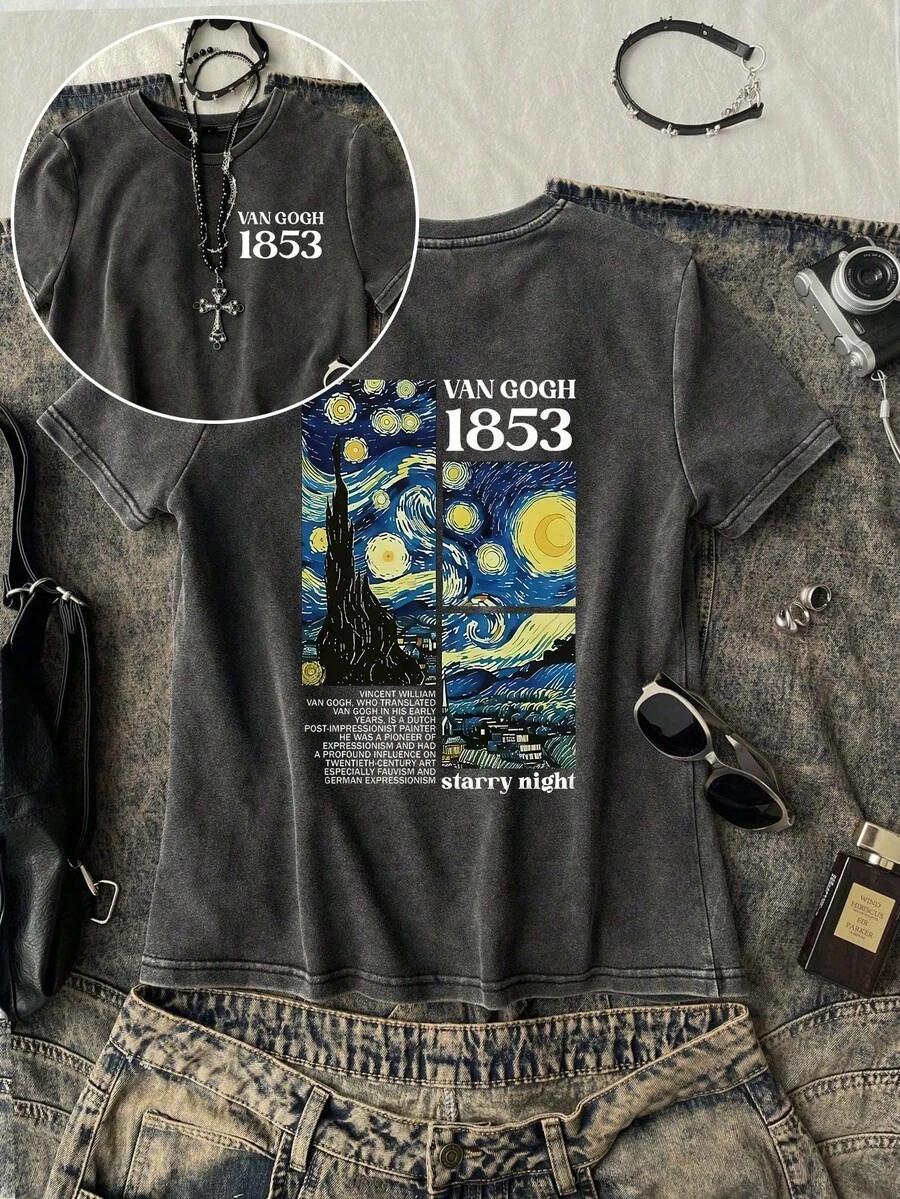 梵高星空艺术设计字母印花复古水洗加大码女式T恤，休闲宽松上衣，夏秋服装，加大码秋冬服装 黑色 - 黑色 - 查看 1