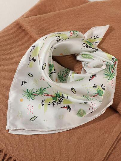 1条白色波西米亚风优雅椰树太阳印花缎面围巾，时尚百搭的春夏配饰，可作头巾、颈巾、包包装饰，适合户外旅行、摄影和日常佩戴。