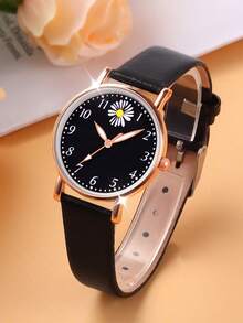 6pcs Fashion Elegant Cute Floral Quartz Watch With Black Heart Accessory Set, PU Leather Strap, Casual Daily, Versatile, Suitable Gift For Friends - Black - View 3