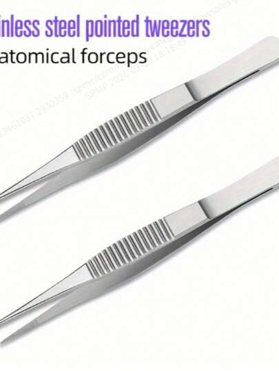 Thickened Stainless Steel Tweezers With Anatomical Tip, Biological Pointed Mouth Tweezers, Laboratory Anti-Slip, Hospital Use, Toothed Tweezers With Horizontal Stripes, Toothed Grippers