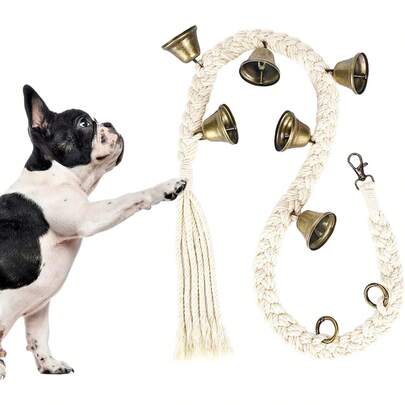 这款棉质手工编织的狗狗门铃，配有6个超响铃，可用于狗狗如厕训练，可调节长度，适合小型、中型和大型犬，方便狗狗按铃外出。