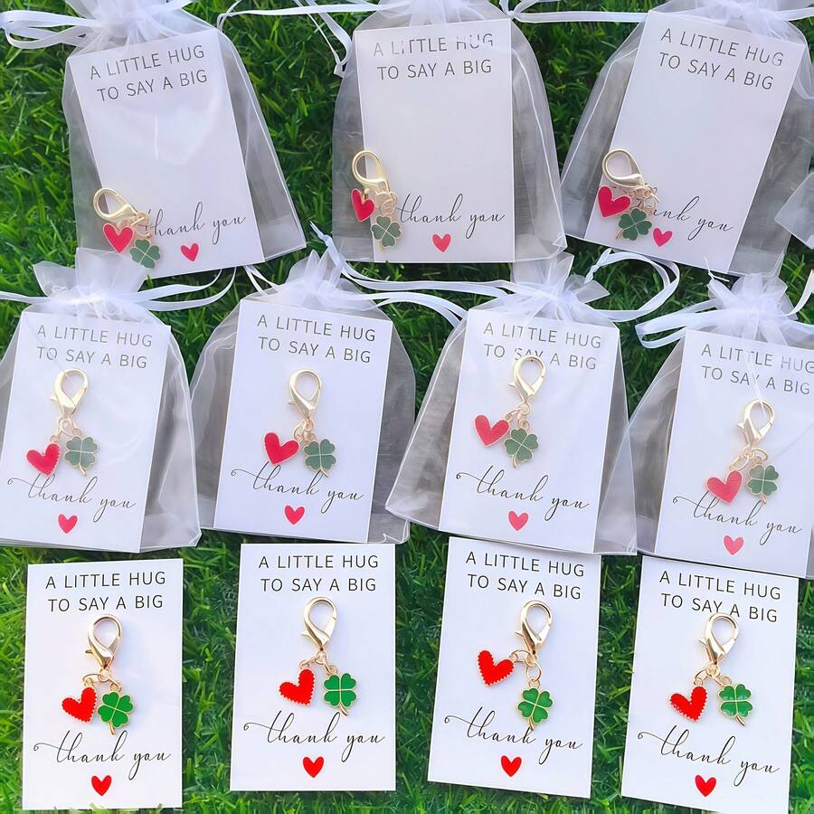 30pcs Keychain Set - Gold Teardrop Heart, Clover Pendant, Bag & Car Key Chain Accessories, Business Gift Pack (10 Keychains + 10 Cards + 10 Pouches), Suitable For Birthday, Valentine's Day, St. Patrick's Day, Thanksgiving, Back To School, Graduation Gifts Gifts For Mother, Father, Graduation, And Teacher - 10 Keychains + Cards + Sandbags - View 1