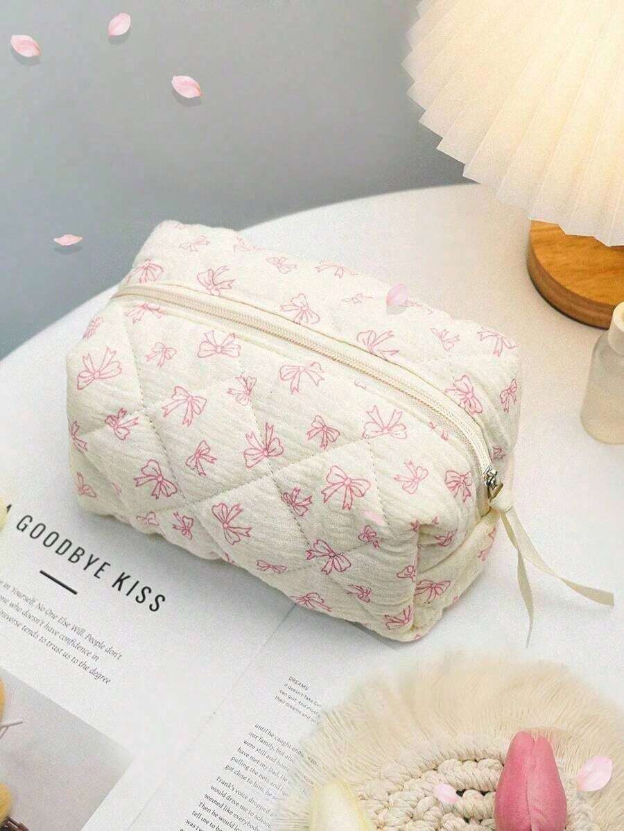 Cute Bow Make Up Bag Cute Bow Knot Pattern Toiletries Bag Travel Make Organizer Zipper Pouch, Quilted Cosmetics Bag, Stylish Foldable Commuter Makeup Bag For Brushes Aesthetic Cosmetic Bag For Gift, Friend, Girls, Student Quilted Floral Flower Zippered Makeup Bag Cute Floral Cosmetic Bag With Zipper Gift Storage Jewelry Organizer Box Bathroom Set Valentines Back To School Supplies 0OOE - Màu xanh lam - Xem 1