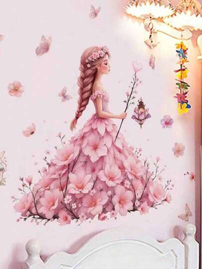 1 miếng dán tường hình bướm công chúa váy hoa hồng, decal dán tường hình nàng tiên, tranh nghệ thuật bướm nhiều màu sắc trang trí phòng trẻ em gái, phòng ngủ, phòng chơi.